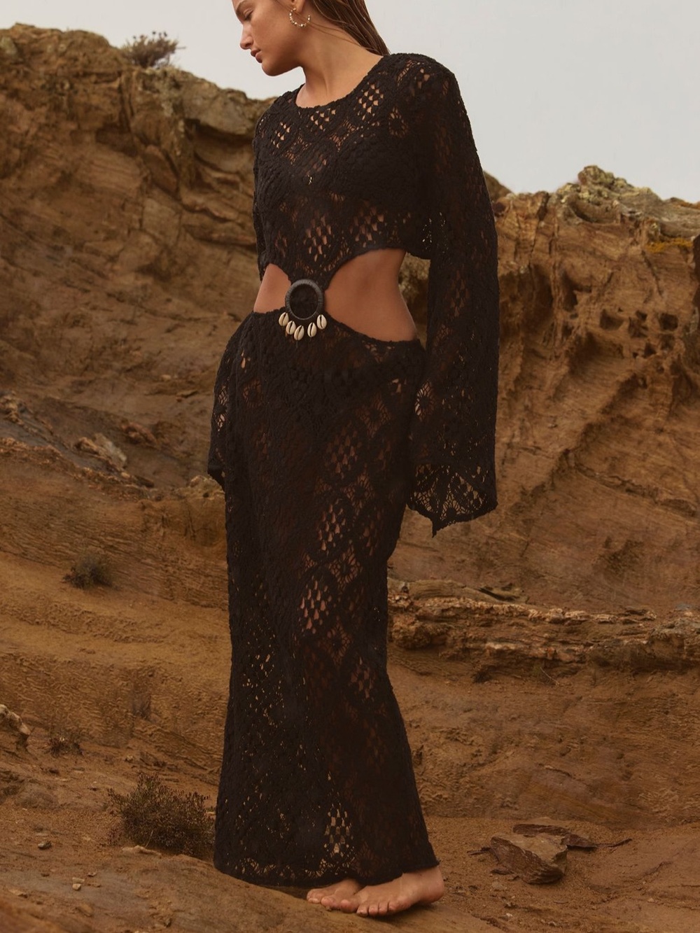 Black Crochet Cutout Swim Coverup Maxi BLITHE